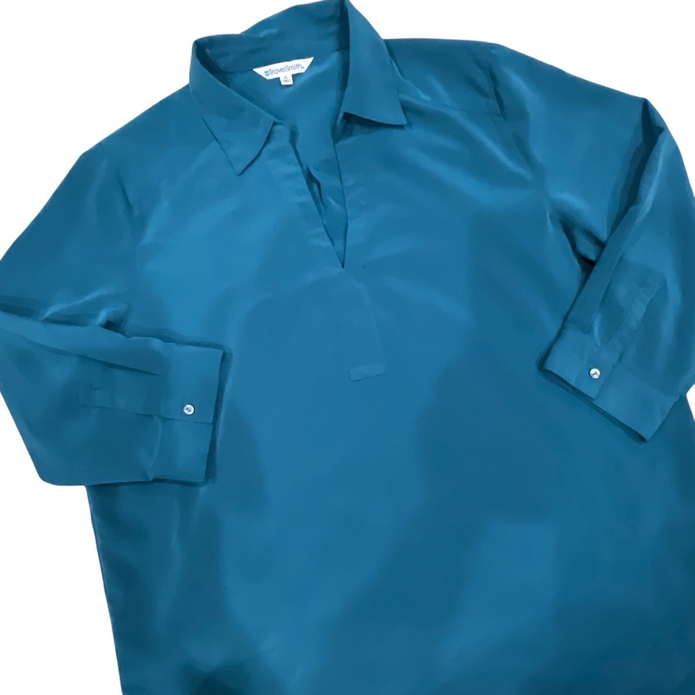TravelSmith Women's XL Blue Teal Long Sleeve Collared‎ Tunic Blouse Top